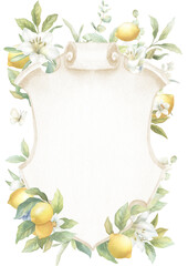 Watercolor family crest, floral frame PNG, elegant wedding arrangement, lemon tree, green leaves