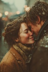 Couple embraces in snowfall while celebrating a winter evening in a busy street with festive lights