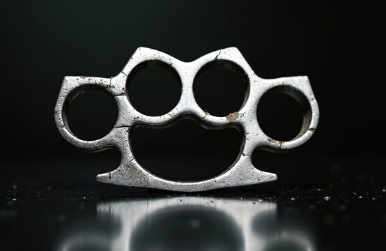 Old metal knuckle duster rests on dark surface with reflection. Heavy weapon for street fight. Symbol of aggression, crime, and violence. Used for illegal fighting.