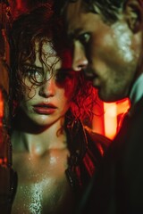 Close encounter in a dimly lit alley with two individuals showing tension and emotion during a rain-soaked night