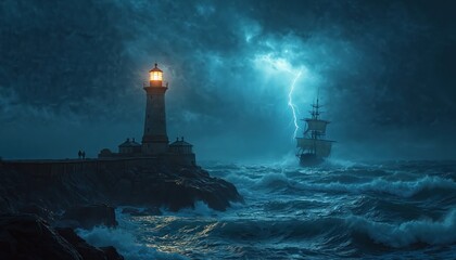 Lighthouse shines in storm guiding ship. Lightning strikes. Dark blue moody night scene with sea waves. Symbol of hope, guidance during hard times. Saviour helps overcome adversity with faith.