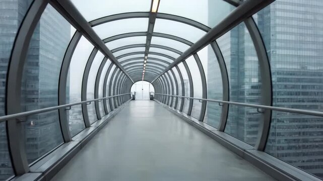 Walking through a modern glass skybridge connecting city buildings with a nearby vending machine, architectural footage.