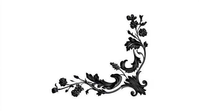 An ornate floral corner design combines detailed black patterns on a clean white backdrop suitable for various art and decoration purposes. Ideal for enhancing visual appeal.