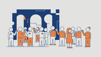 A vibrant networking event in a spacious hall featuring name tags and small s of alumni exchanging contact information and business cards.