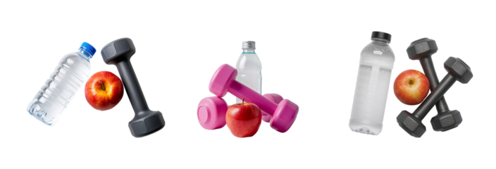 A bottle of water, a dumbbell, and an apple isolated on a transparent background