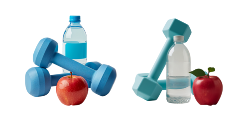 A bottle of water, a dumbbell, and an apple isolated on a transparent background