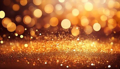 Abstract New Years Party Gold And Orange Abstract Background With Sparkling Glitter And Defocused Bokeh Lights Bubbles