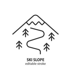 Line icon illustrating mountain ski slope with pine trees. Winter sport and recreation activity sign. Editable stroke. Vector illustration.