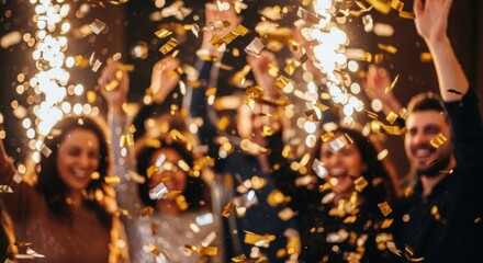 Excited group of friends celebrating at a party with falling golden confetti. Happy people dancing at a festive new year's eve event with sparklers
