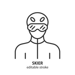 Skier line icon. Winter sport graphic element for web and mobile application. Editable stroke. Vector illustration.