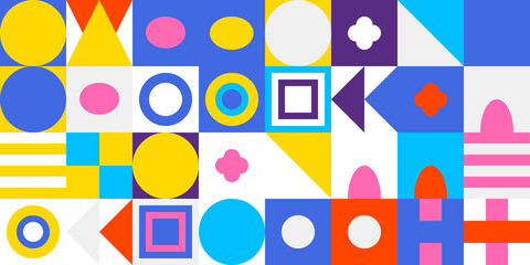 Modern vibrant abstract geometric pattern design with a mosaic of colorful shapes, ideal for backgrounds and digital art.