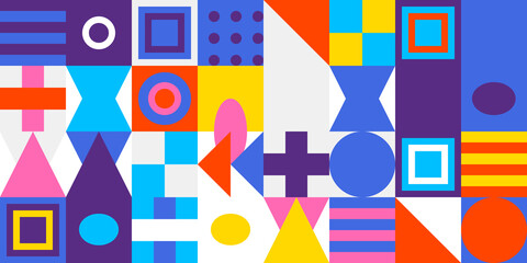 Vibrant abstract geometric pattern with diverse colorful shapes, squares, circles, triangles, lines, arranged in modern grid collage.