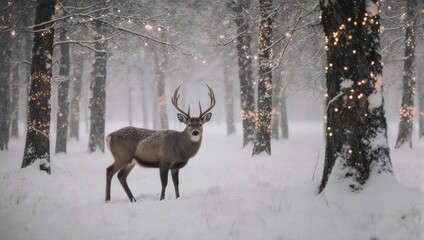 Majestic deer stands in snowy forest with twinkling lights, winter wonderland.