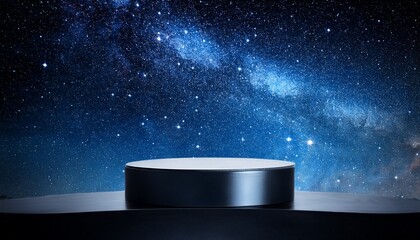 Empty Black Metalic Podium On Blue Star Galaxy Background For Product Presentation