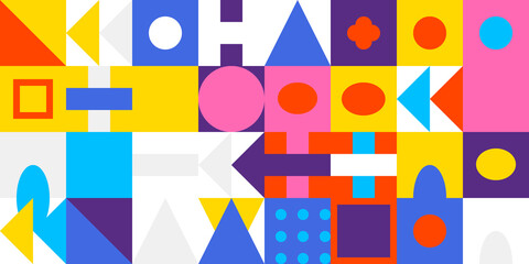 Vibrant abstract geometric pattern with colorful squares, circles, triangles, and arrows creating a dynamic modern mosaic design.