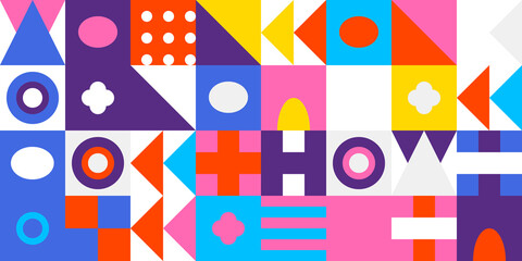 Obraz premium Vibrant geometric abstract pattern with colorful squares, circles, and triangles creating a modern playful background design
