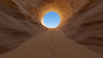 Mystical desert passageway with wind carved sandstone tunnel leading to blue sky and human footprints evoking solitude adventure and surreal exploration