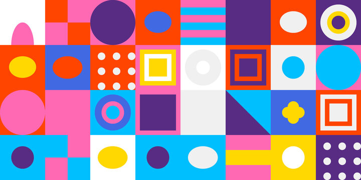 Vibrant geometric mosaic pattern with colorful squares, circles, and abstract shapes creating a playful modern design.