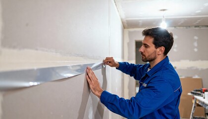 Medium shot showing a professional using selfadhesive joint tape on drywall focusing on the ease of placement and the clean bubblefree surface preparation.