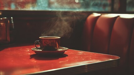 Steaming cup of coffee on a red table in a diner