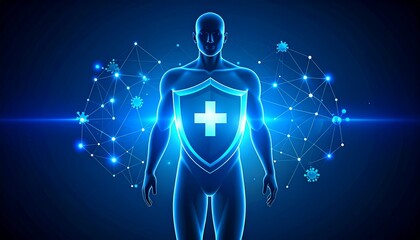 Human figure holding shield symbolizing protection against virus transmission network. Suitable for medical or healthrelated concepts, safety precautions, and healthcare designs.