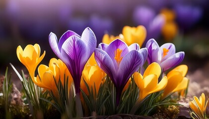 Close Up Shot Of Flowering Purple And Yellow Crocuses In Nature