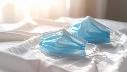 Two light blue surgical masks on white wrinkled fabric are suitable for medical or healthcare design projects and articles. Perfect for pandemicrelated graphics.