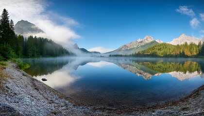 Serene Mountain Lake With Mist And Mirror Reflection Generative Ai