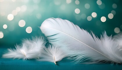 Delicate White Feathers On A Soft Teal Background With Bokeh Lights