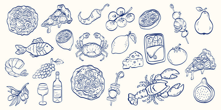 Mediterranean food doodle set with seafood, fruits, vegetables, cheeses and pizza, all drawn in clean bold line-art. Perfect for packaging, menus, branding and recipe illustrations