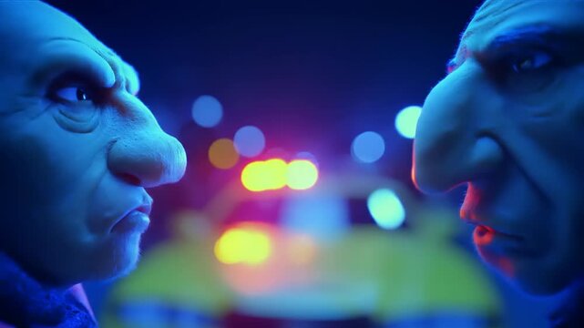 Two Angry Characters Confront Each Other Under Blue Lights.