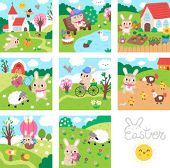 Vector Easter village square landscapes set. Rural nature scenes collection with bunny, garden, church, colored eggs, house with carrots, garden, chicks. Spring holiday backgrounds for kids
