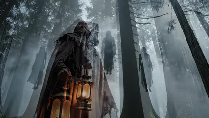 Cloaked man with lantern walks through foggy forest. Shadowy hooded figures emerge from mist among tall trees. Supernatural horror adventure concept. - Powered by Adobe