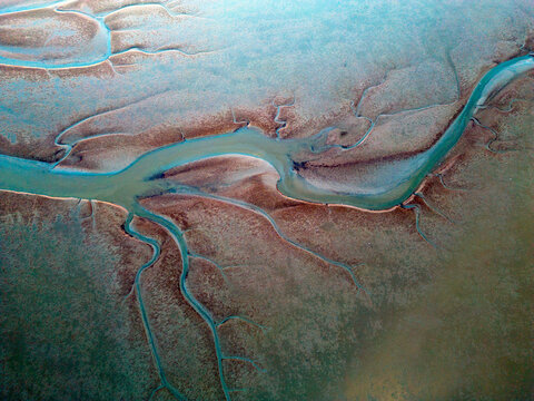 Aerial view of the tidal mudflats and channels of the Eemsdelta, Groningen, The Netherlands