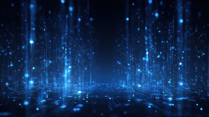 Abstract digital background with glowing blue particles and light beams.