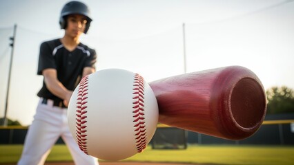 Baseball player swings bat at ball during game practice at field
