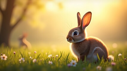 Cute Bunny Silhouette with Long Ears in Spring Meadow