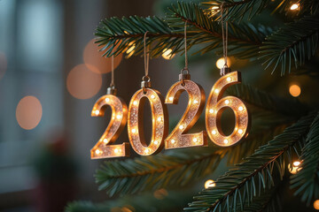 Golden illuminated year 2026 numbers hanging as ornaments on a festive Christmas tree branch with warm bokeh lights