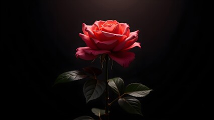 Elegant Rose Silhouette with Stem and Leaves on Dark Background