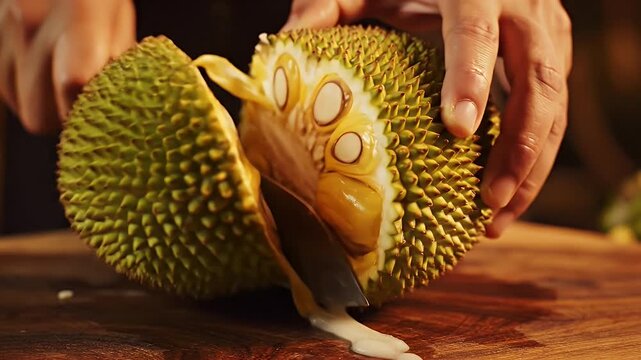 Close-up of a spiky tropical durian being cut open on a wooden surface
