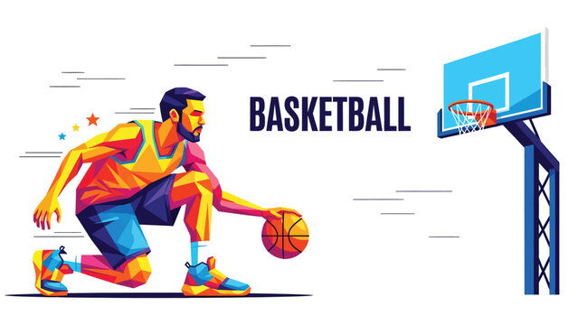 Dynamic low poly basketball player dribbling toward the hoop with vibrant energy