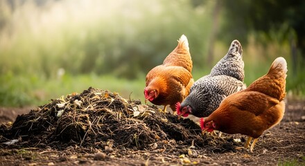 Fototapeta premium Free-range chickens pecking and foraging on a compost pile in a sunny rural farm garden for organic farming and ecological sustainability concept with warm natural light