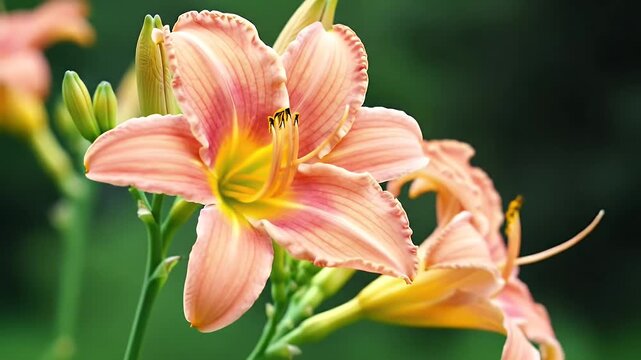 Close-up photograph of peach-pink daylilies blooming along a sunny garden stem