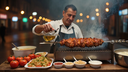 The atmosphere of Turkish street food captured under the night lights. Kebabs roasting over coals on skewers in the master's hands at the stall; especially the kebab with smoke rising from it in focus