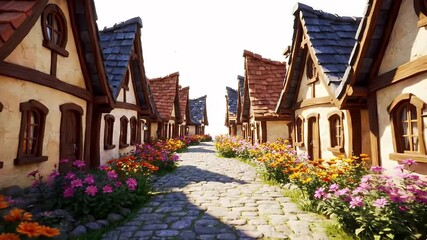 Colorful village street with thatched-roofed cottages along a sunlit cobblestone path lined by blossoms