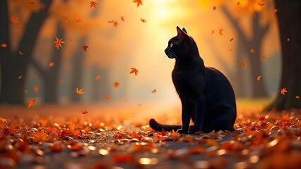 Minimalist Black Cat Silhouette Surrounded by Falling Autumn Leaves