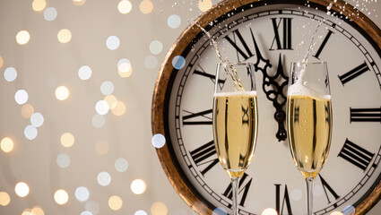 Two champagne glasses, about to overflow with golden liquid, are captured at the moment of explosion, surrounded by the magical bokeh effect of soft, shimmering light. 