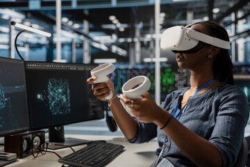 Data center admin using VR headset, analyzing software logs metrics, optimizing storage systems. Server farm IT expert inspecting resource utilization using virtual reality technology