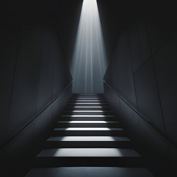 Escalera minimalista oscura con haz de luz dram&aacute;tico desde arriba