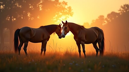 Two Horse Silhouettes Nuzzling in Open Meadow